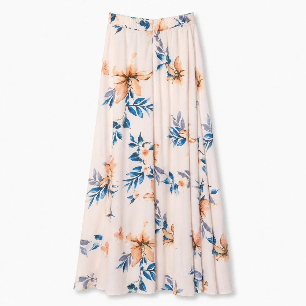 Lulus Women's S Floral Maxi Skirt Blush Blue High Slit Lined Wedding Guest